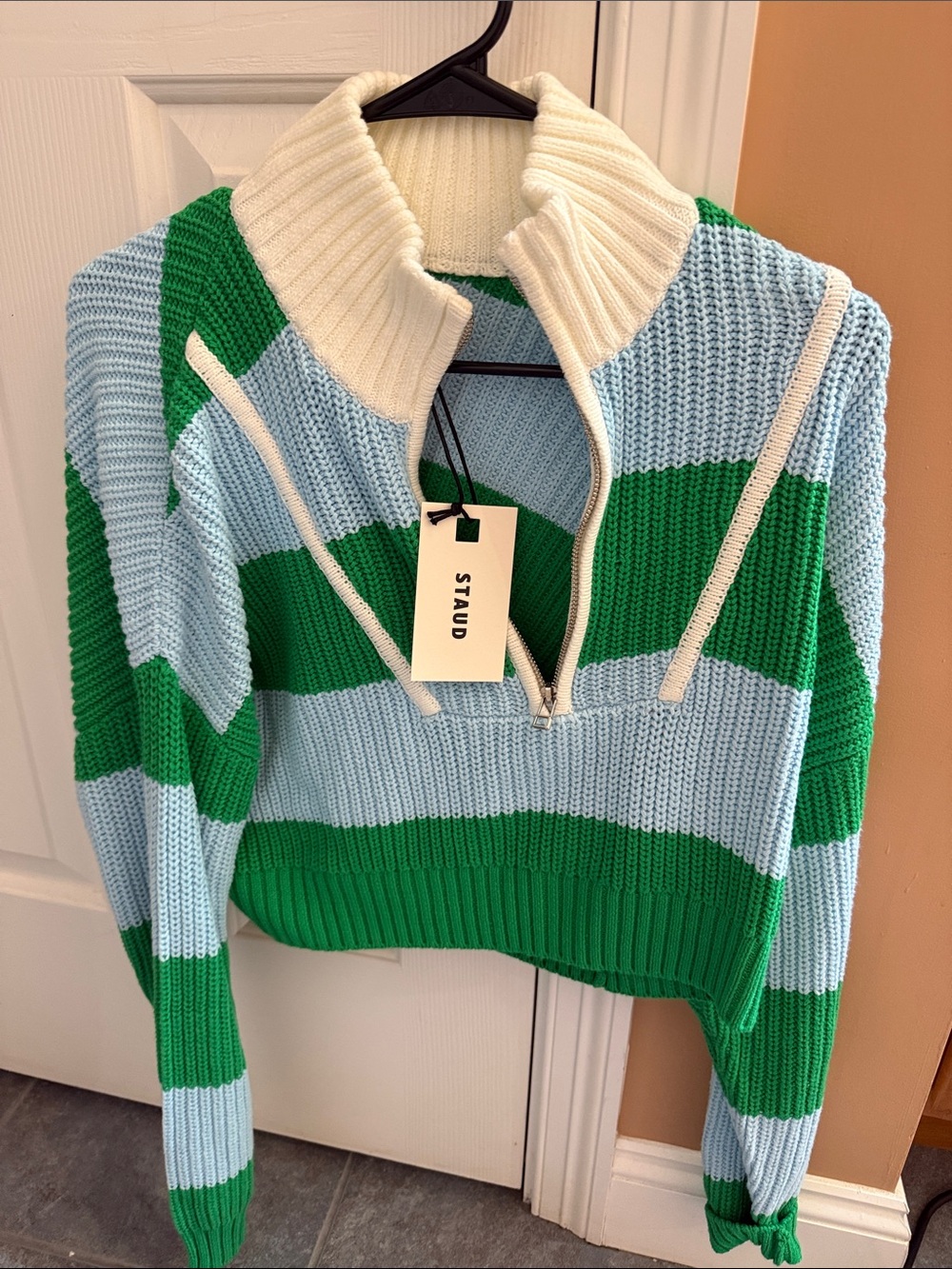 STAUD Green and Light Blue Striped Half-Zip Sweater with Cream Collar - Picture 1 of 1